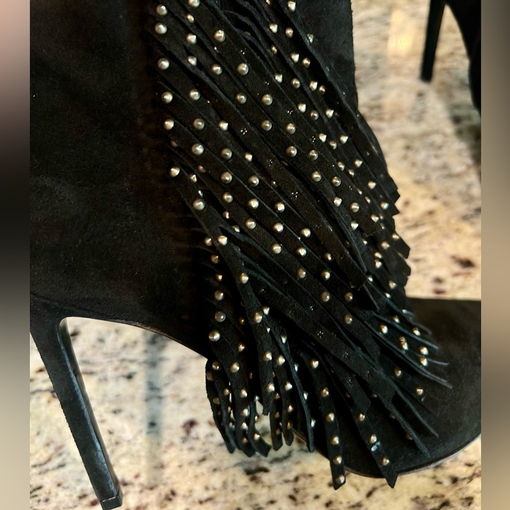 Saint Laurent Black Suede Leather Studded Fringe Trim High Heel Booties EU 39.5 - Picture 5 of 11